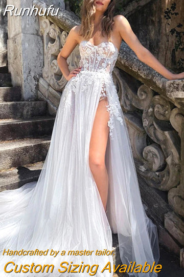 Runhufu A-Line Lace Appliques Beach Wedding Dresses Sweetheart Sleeveless Bridal Gowns Sexy High Side Split Bohomian Wedding Dress